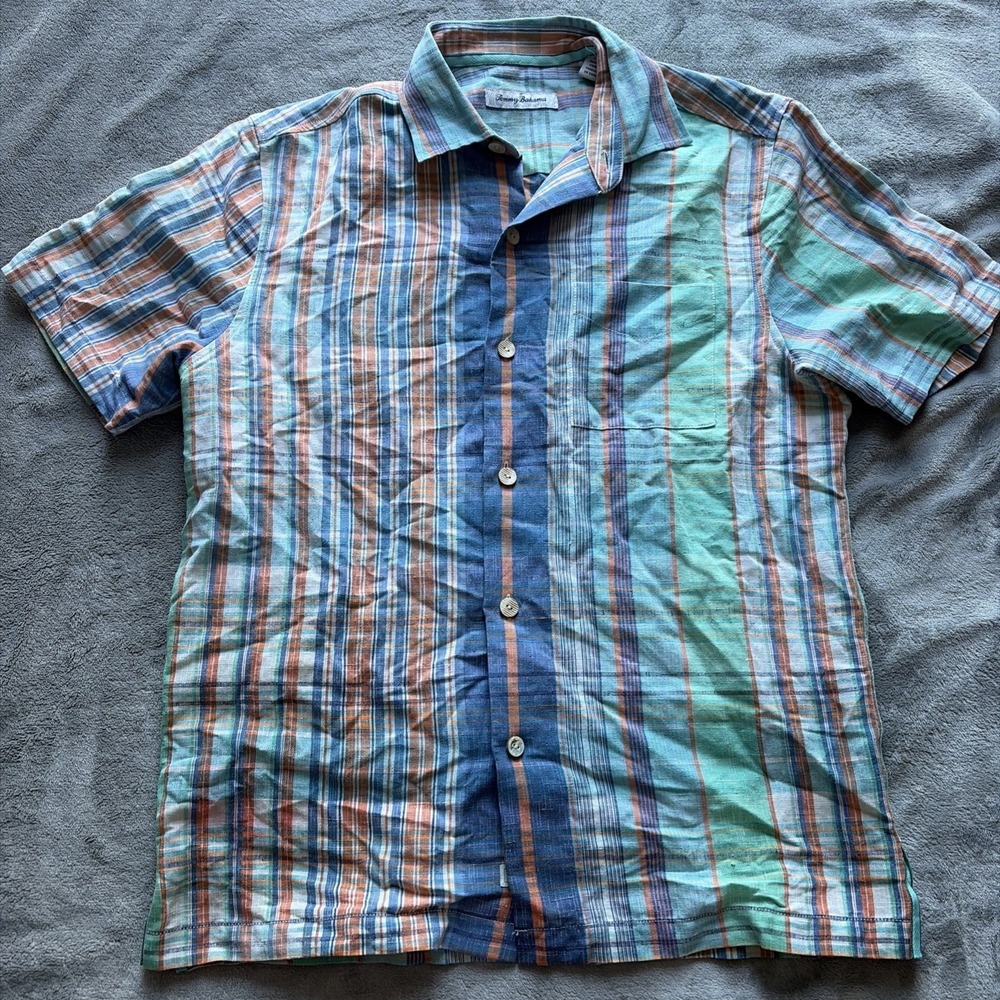 Tommy Bahama Hawaiian Button Up Shirt Mens Small Silk Linen‎ Plaid